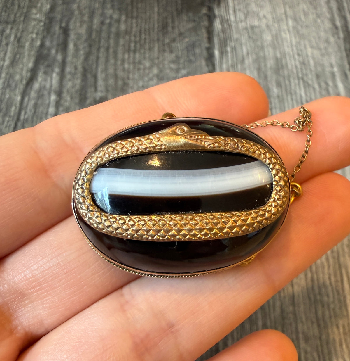 Victorian Banded Agate Ouroboros Snake Brooch in 9K Gold