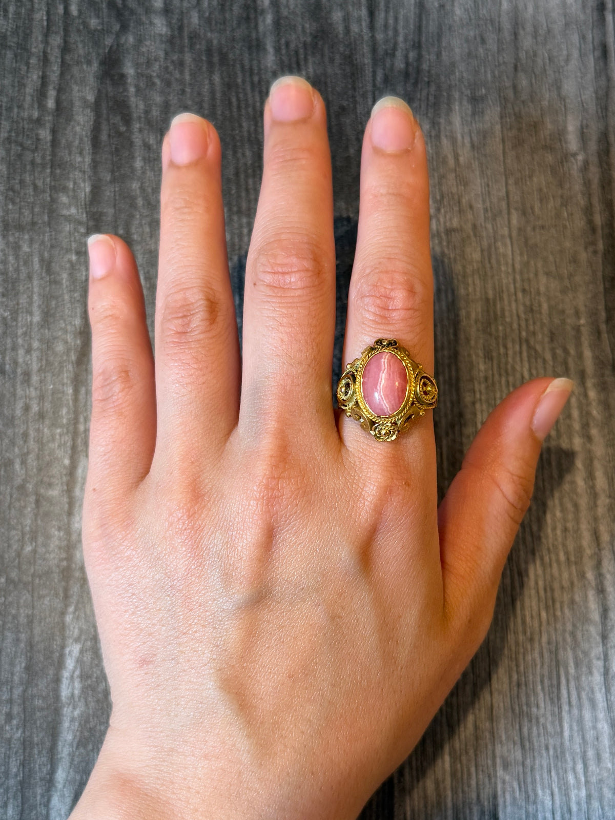 Etruscan Revival Style Rhodochrosite and 14K Gold Ring