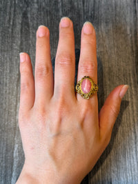Etruscan Revival Style Rhodochrosite and 14K Gold Ring