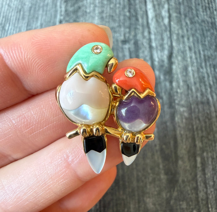 Inlaid Gemstone Asch Grossbardt Love Birds or Parrot Pin in 14K Gold (H)