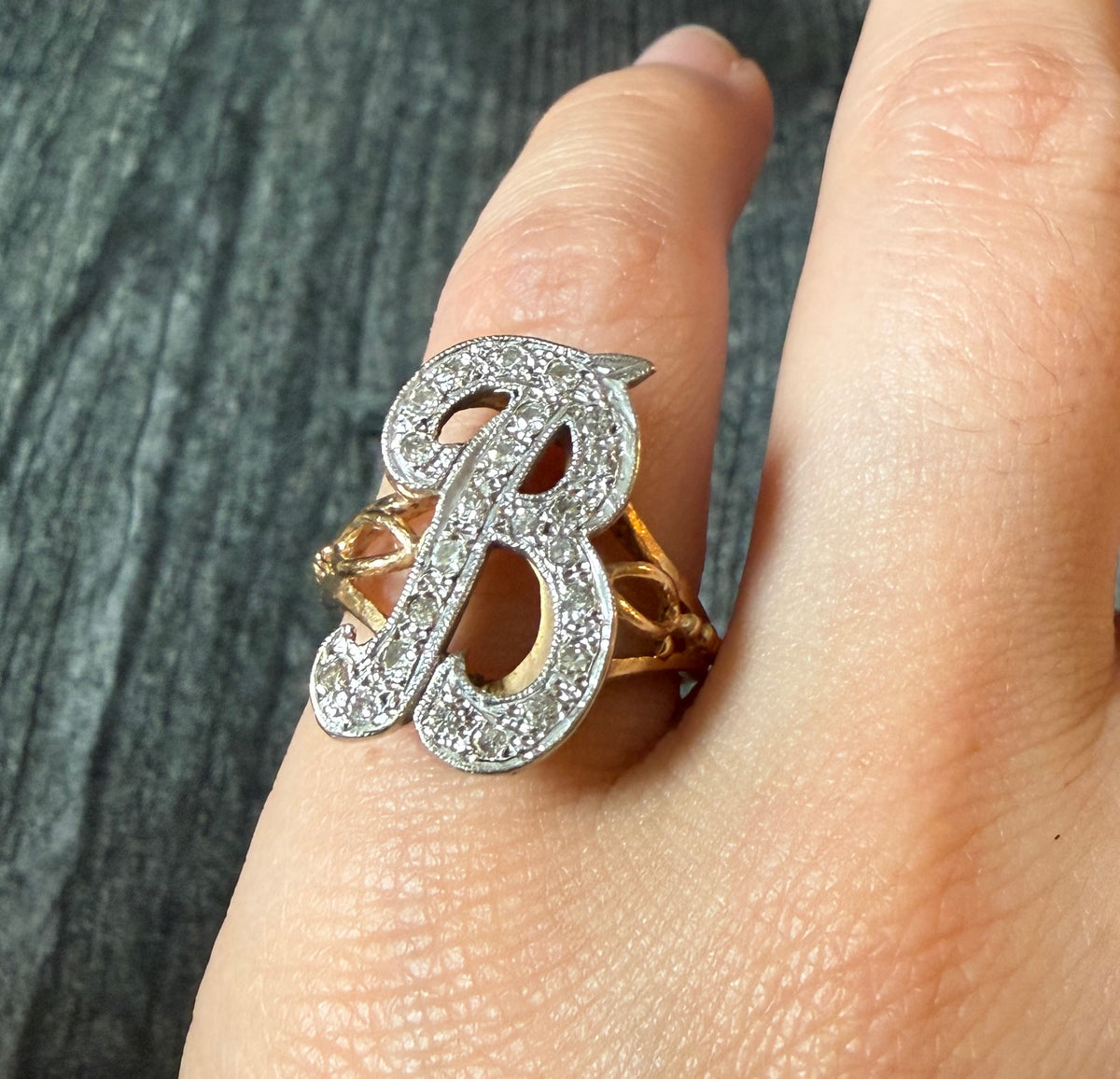 Large Diamond and 14K Gold Initial B Ring