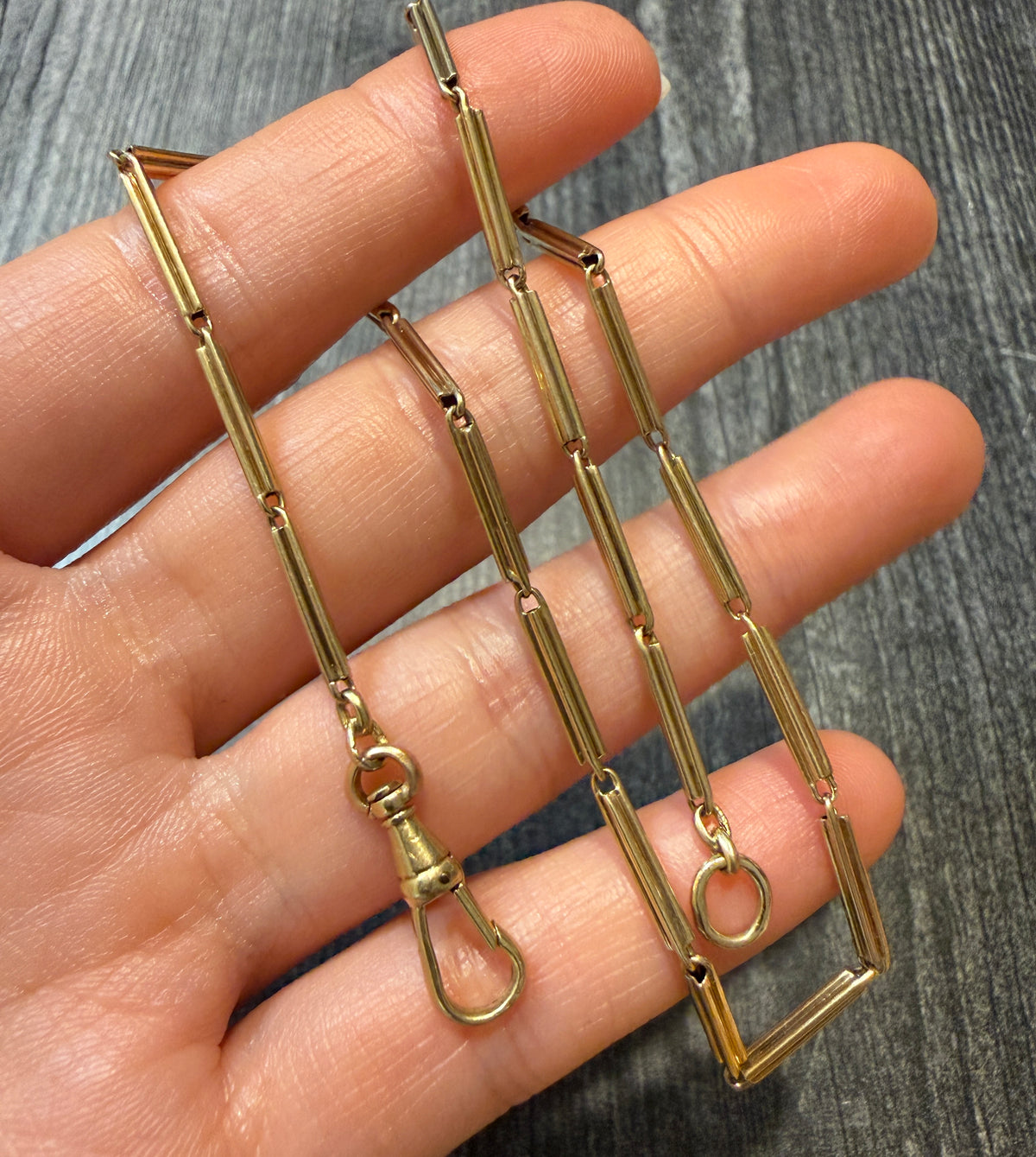 Art Deco 14K Gold Trombone Bar Link Watch Chain, 15” Long