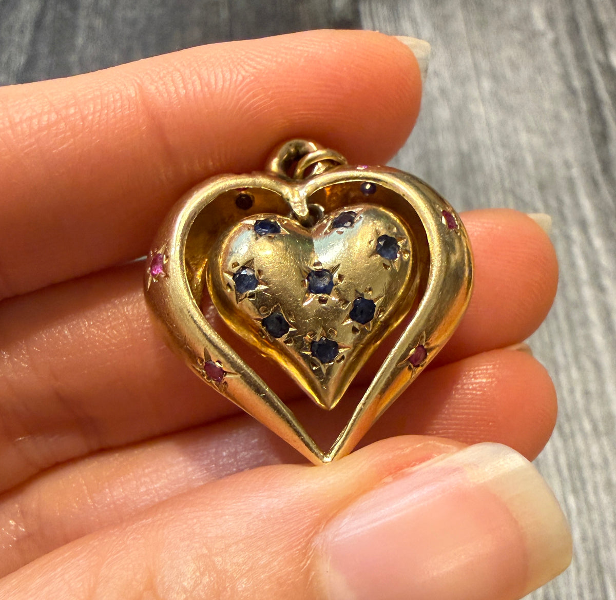 Midcentury Dangling Double Heart Pendant with Star Set Sapphires and Rubies