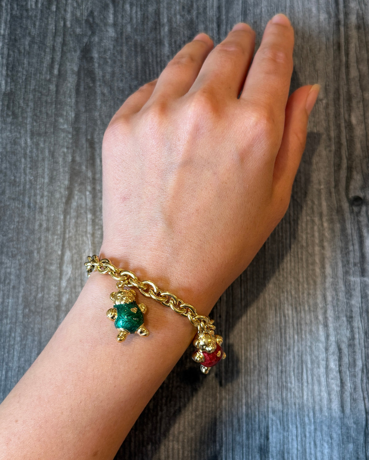 Puffy Enamel Teddy Bear Charm Bracelet in 18K Gold, 7” Long