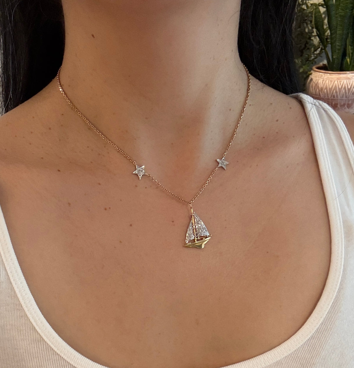 Diamond Sailboat and Star Necklace