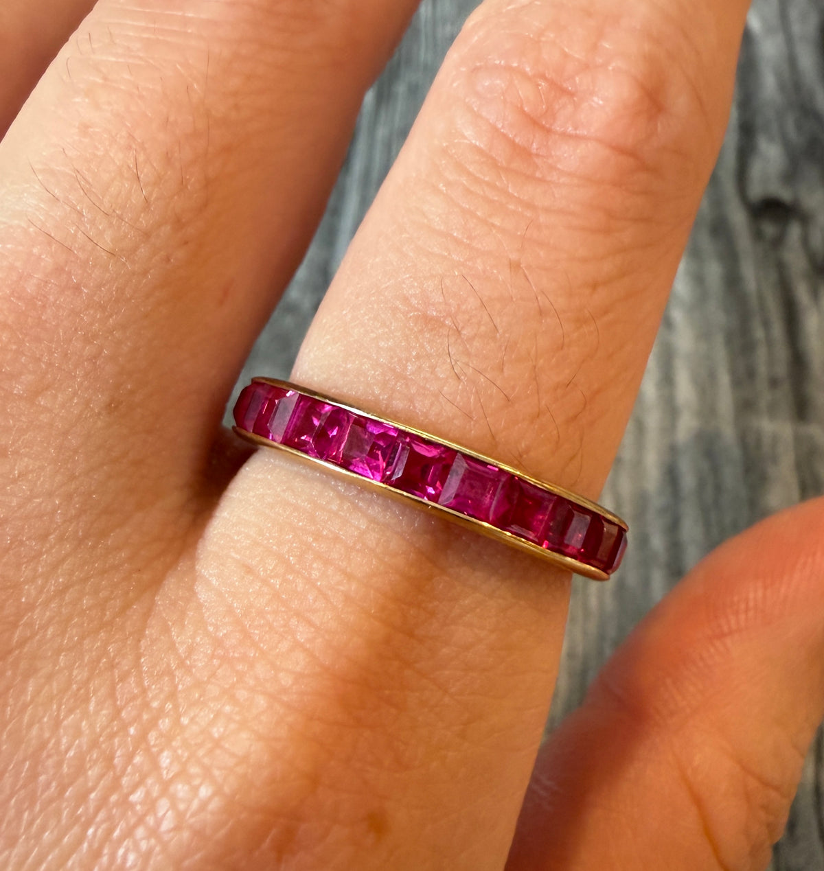 Glowing Synthetic Ruby Eternity Band in 14K Gold, Size 10 (A)