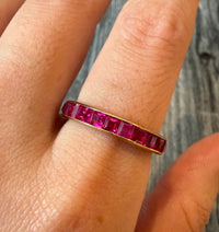 Glowing Synthetic Ruby Eternity Band in 14K Gold, Size 10 (A)
