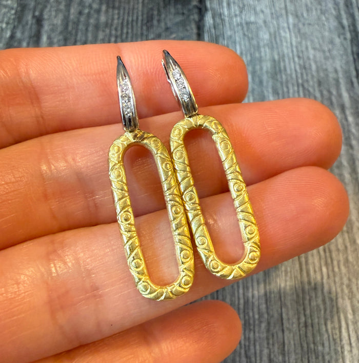 Diamond and 18K Bicolor Gold Oval Drop Dangle Earrings