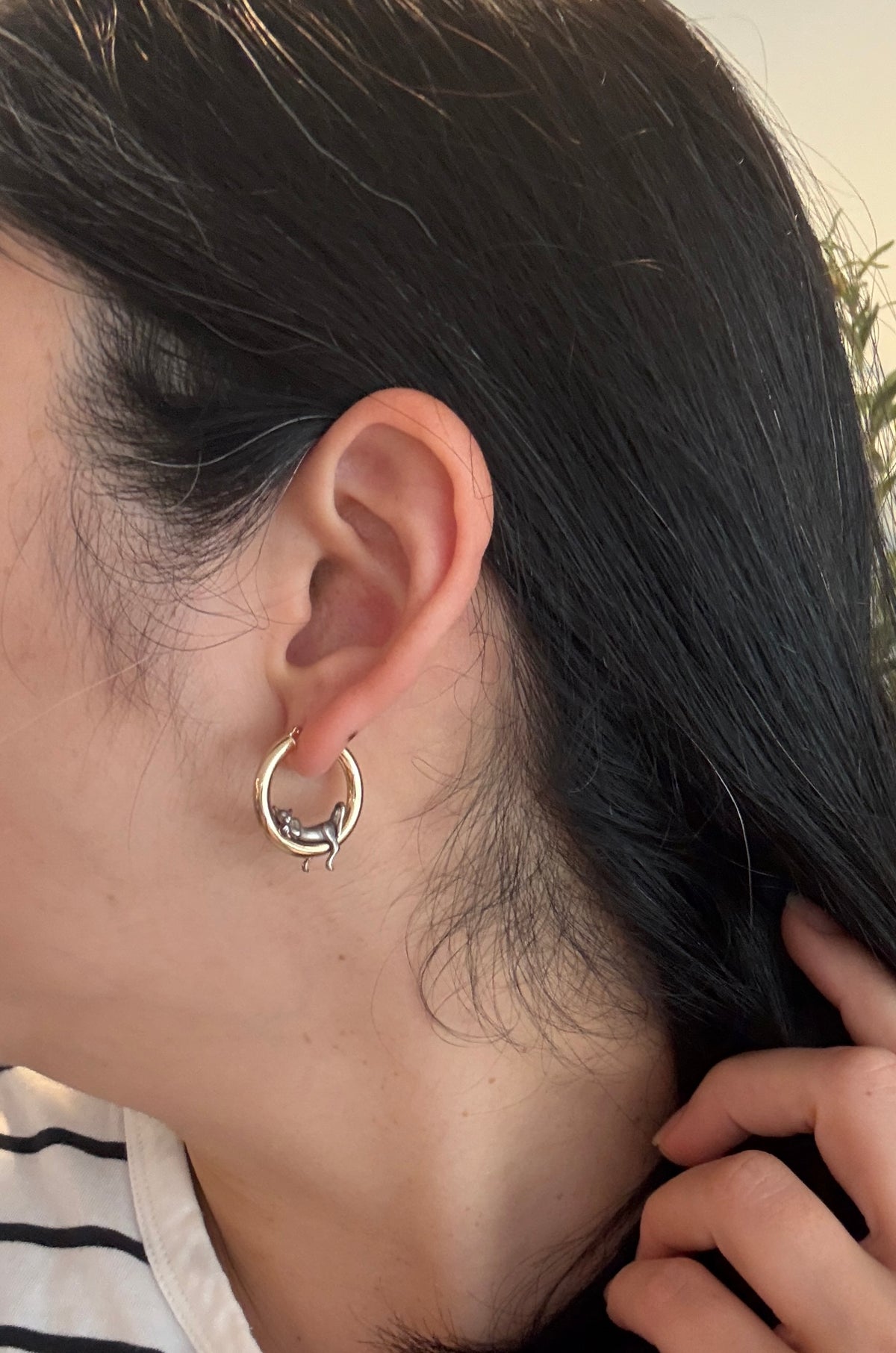 Midsized 14K Gold Hoop Earrings with Silver Hanging Cats