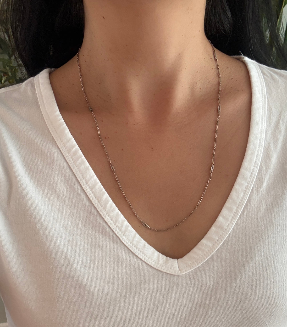 Art Deco 14K White Gold Filigree Chain, 24.25” Long