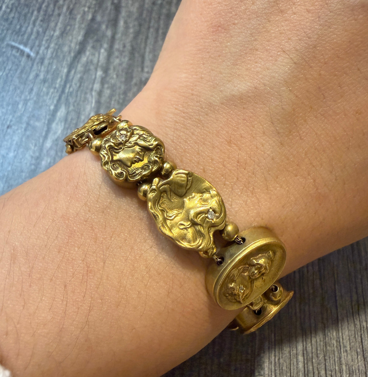 Art Nouveau Woman's Portrait Slide Charm Bracelet in 14K Gold (S)