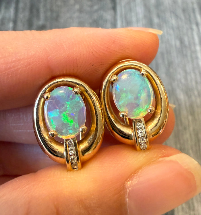 Sculptural Natural Opal and Diamond Earrings in 14K Gold (S)