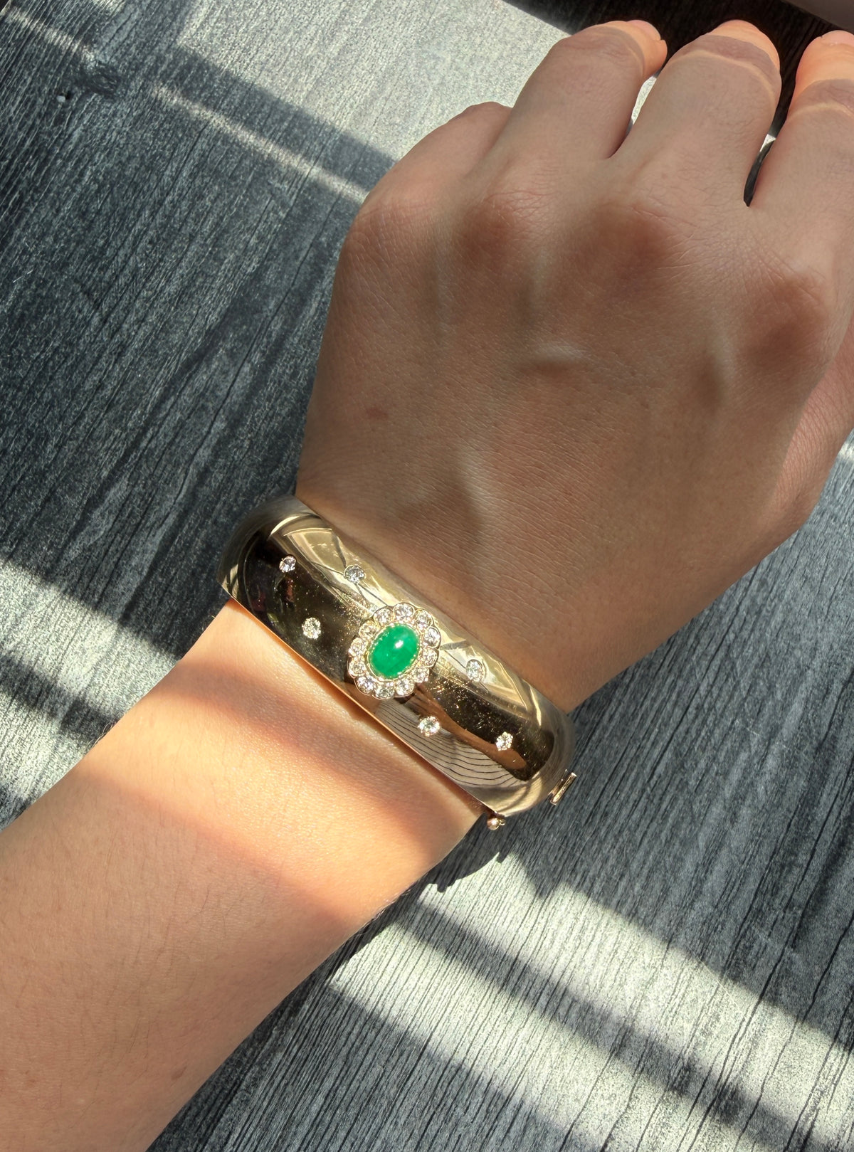 Wide Emerald and Diamond Bangle Bracelet in 14K Gold