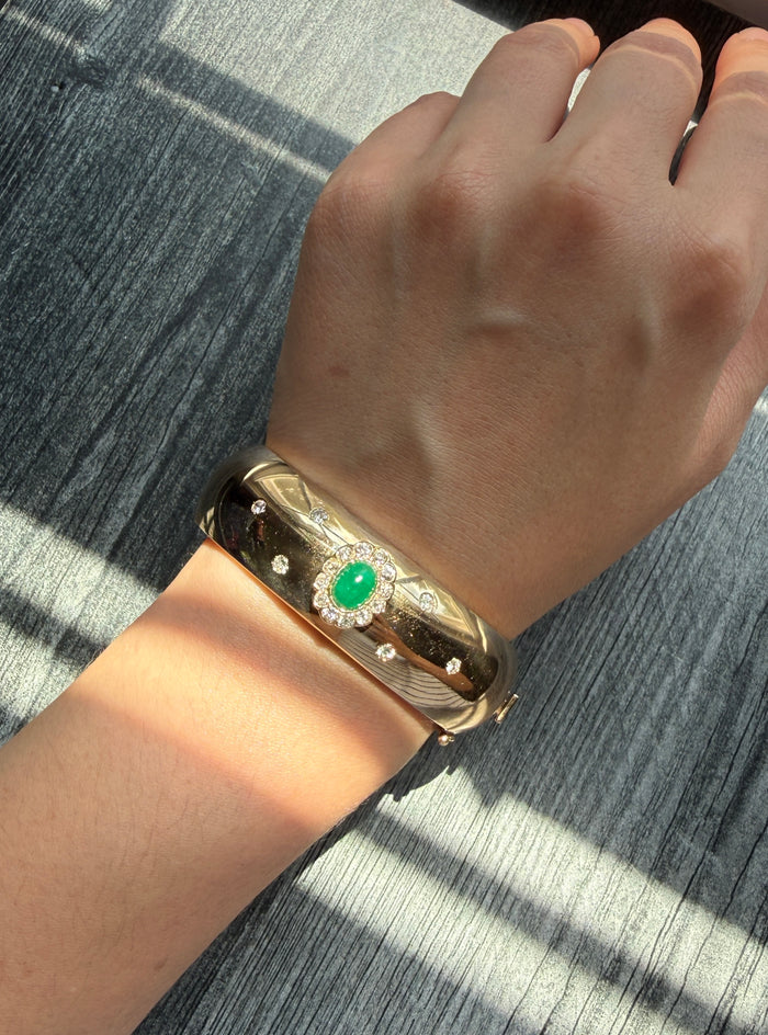 Wide Emerald and Diamond Bangle Bracelet in 14K Gold