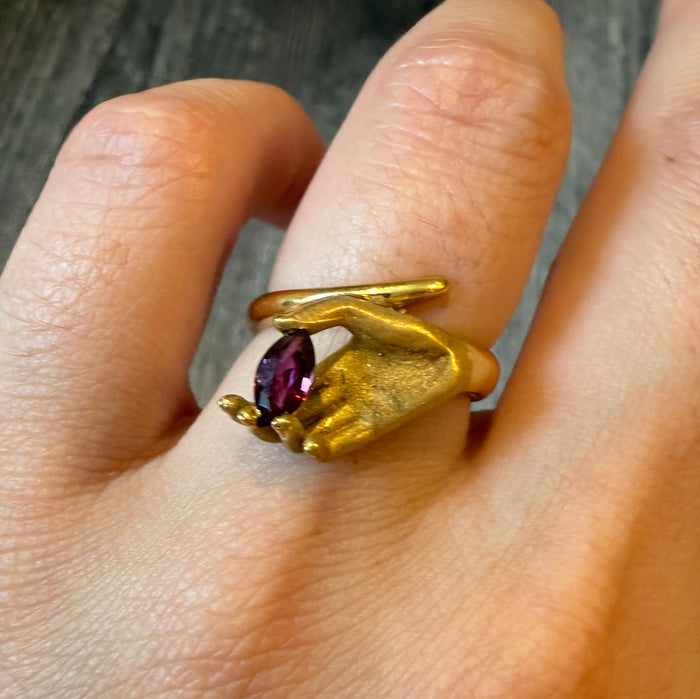 Figural Hand Holding a Ruby Ring in 18K Gold, Size 6.5 (I)