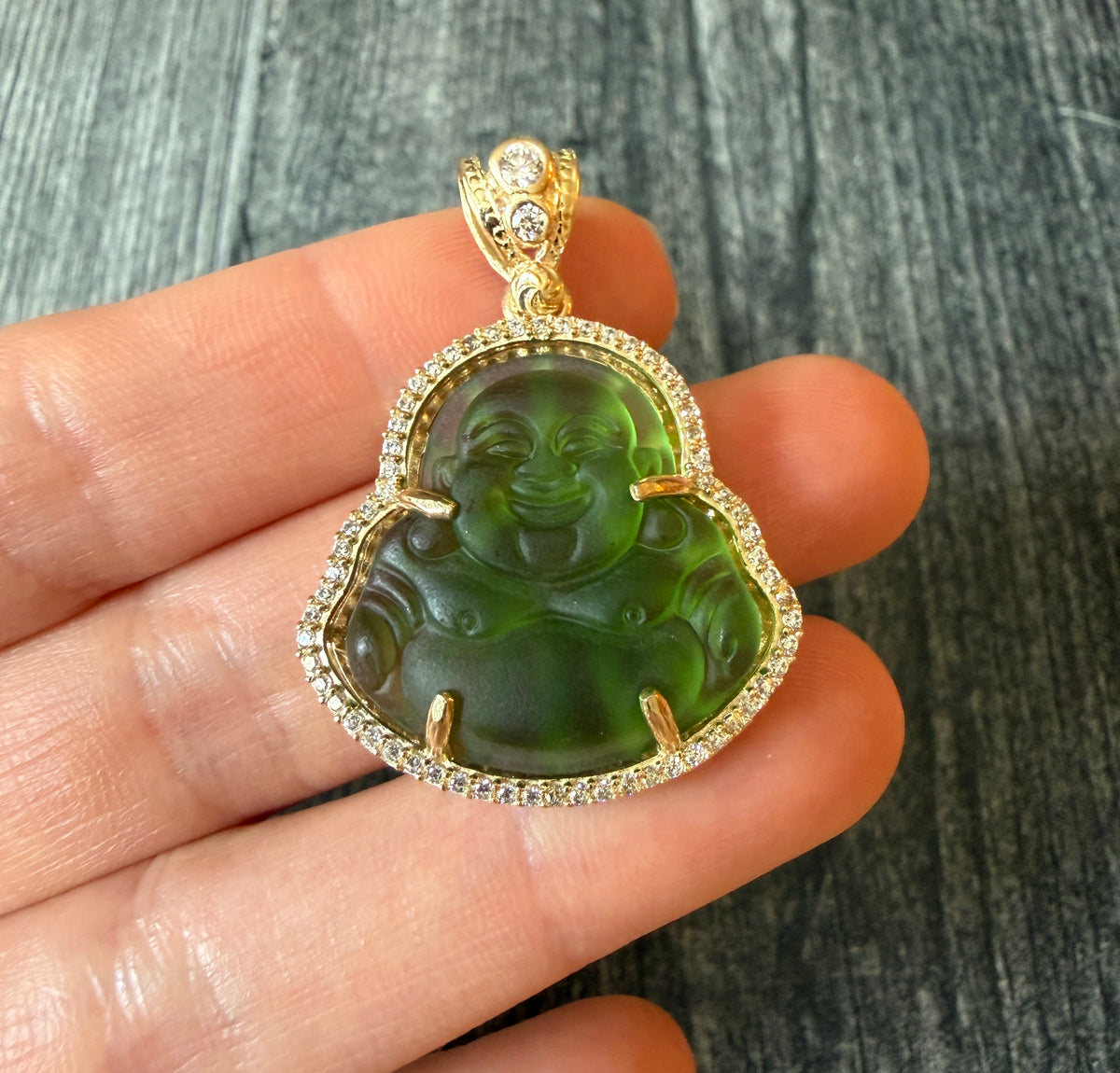 Carved Green Glass Buddha Pendant in 14K Gold