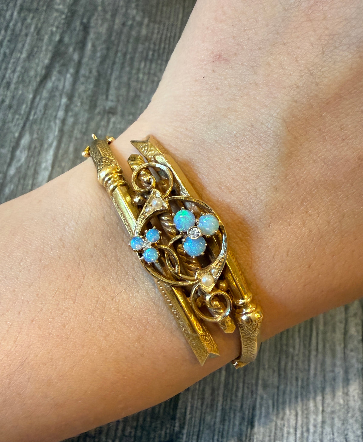 Midcentury Victorian Revival Opal Clover Bypass Bangle in 14K Gold (M)