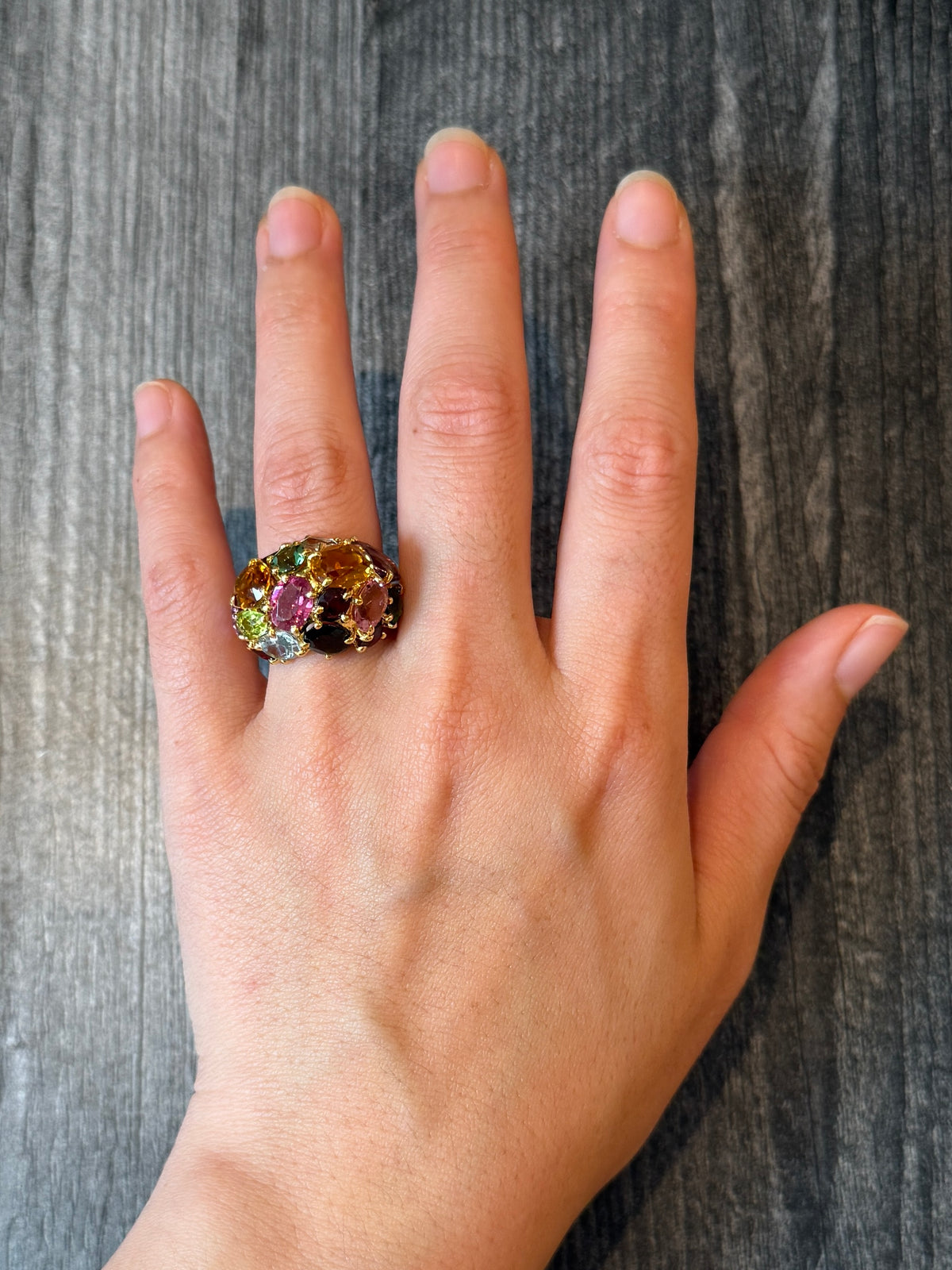 Multicolor Rainbow Gemstone Bombe Ring in 14K Gold (S)