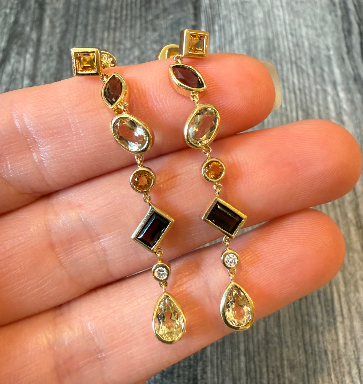 Multi Shape Citrine, Smoky Topaz, and Diamond Dangle Earrings in 18K Gold (I)