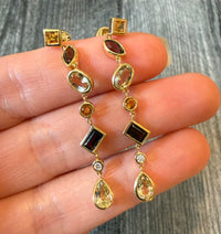 Multi Shape Citrine, Smoky Topaz, and Diamond Dangle Earrings in 18K Gold (I)
