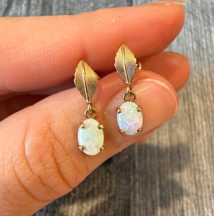 Dangling Opal and Leaf Motif 14K Gold Earrings