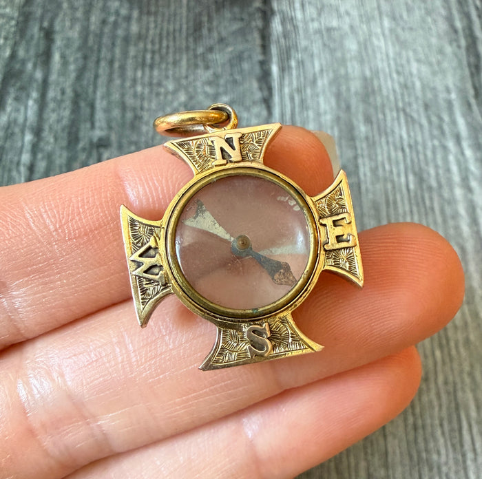 Antique Maltese Cross Compass Charm in 10K Gold
