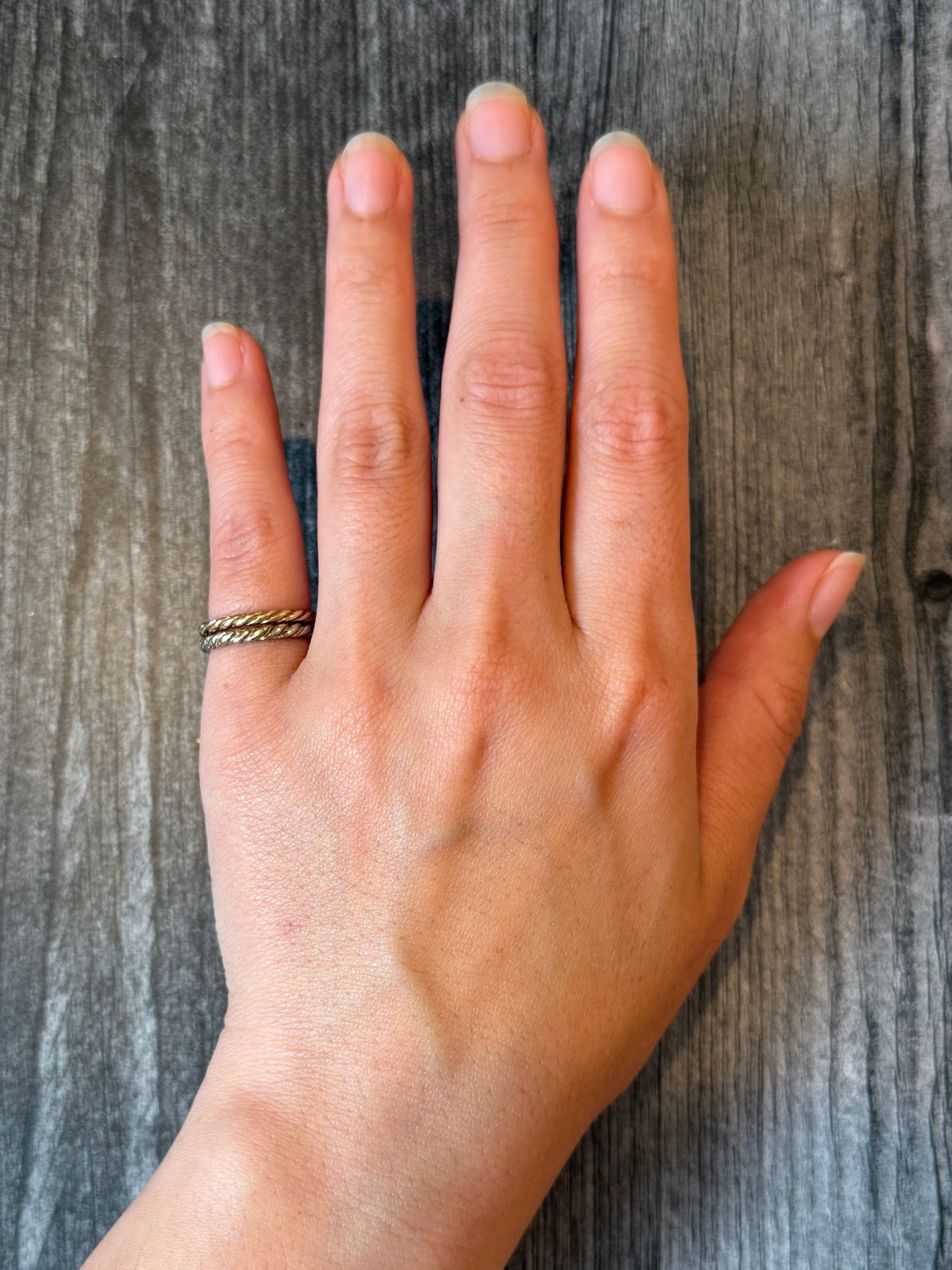 Pair of 18K White and Rose Gold Twist Stacking Bands, Size 5