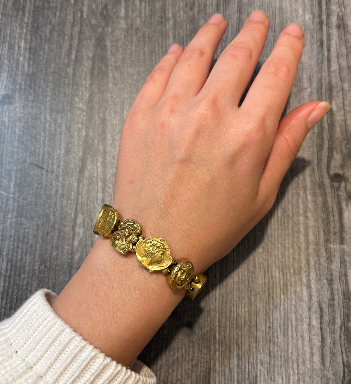 Art Nouveau Woman's Portrait Slide Charm Bracelet in 14K Gold (S)