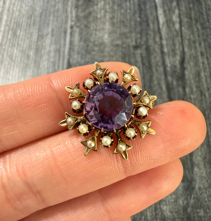 Victorian 14K Gold and Amethyst Snowflake Pendant, Pin