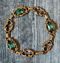 Vintage 14K Gold Scrolled Acanthus Leaf Bracelet with Synthetic Green Stones