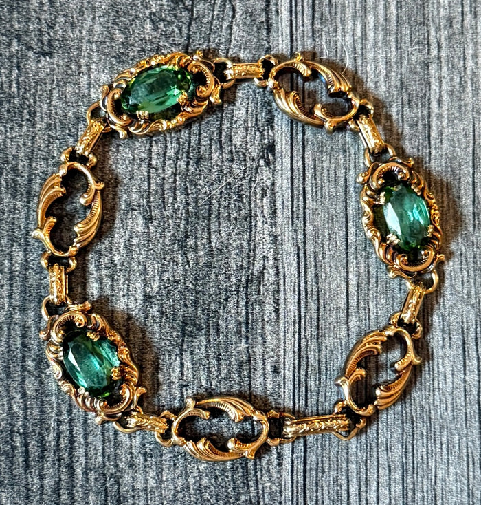 Vintage 14K Gold Scrolled Acanthus Leaf Bracelet with Synthetic Green Stones