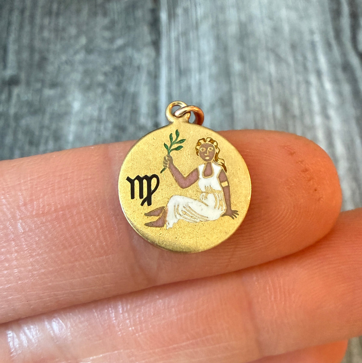 Art Deco Enamel Virgo Zodiac Charm in 14K Gold
