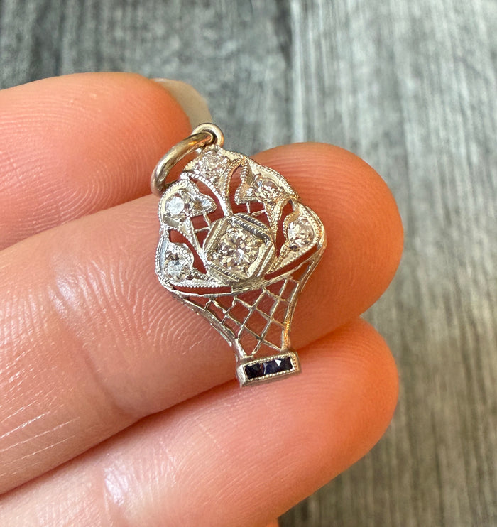 Art Deco Diamond and Sapphire Flower Basket Charm in Platinum