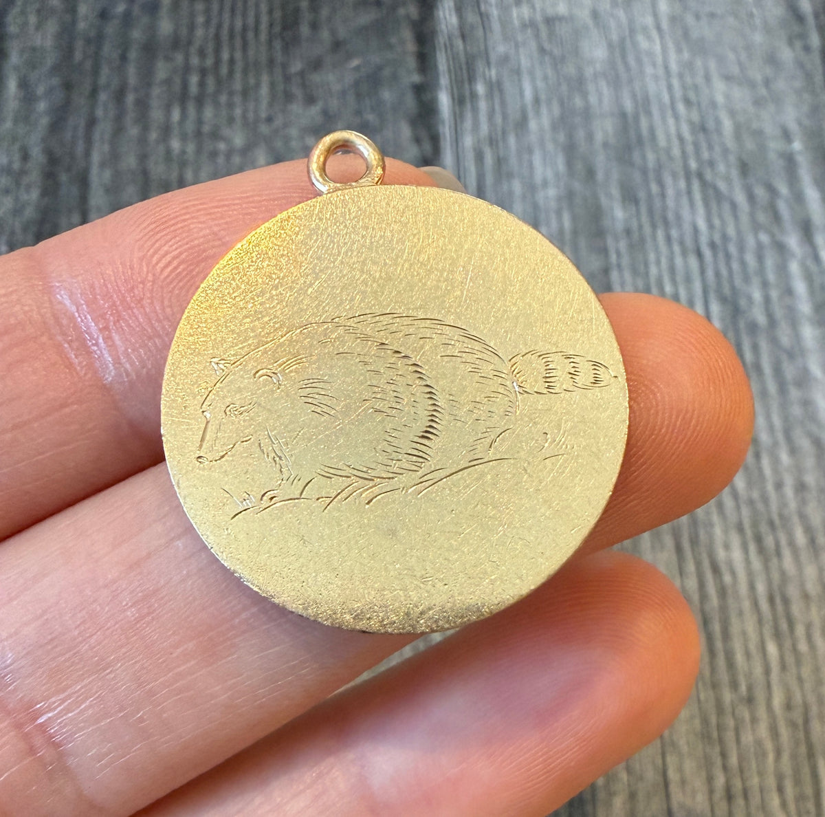 Vintage Raccoon “RACCOONNOITERING” 14K Gold Disc Charm