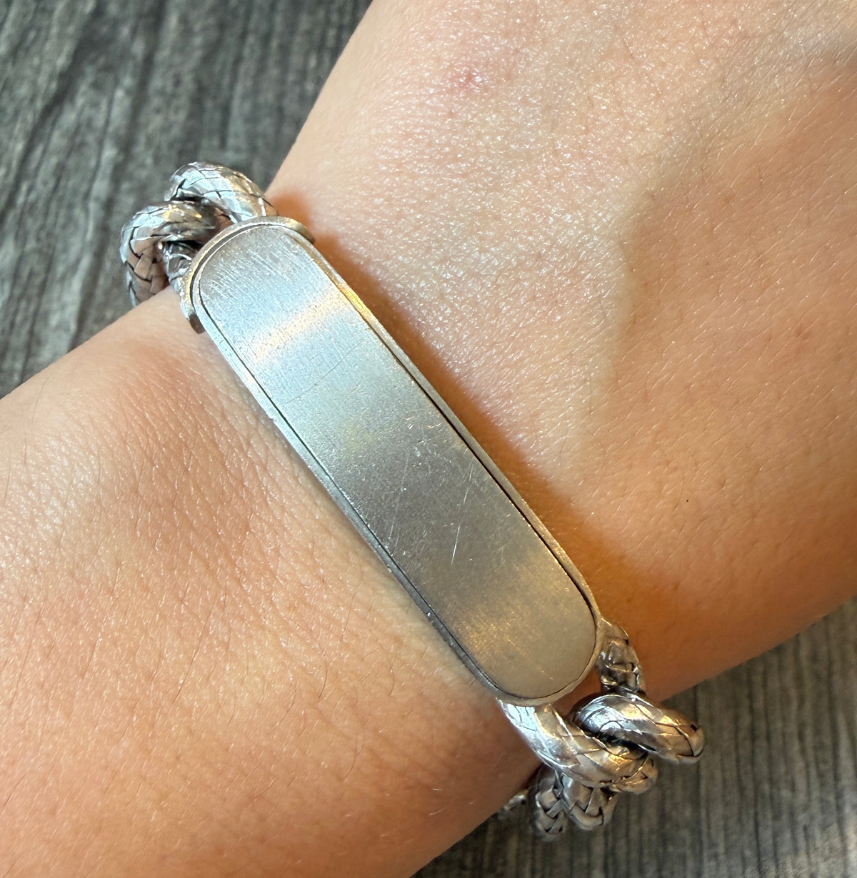 Bottega Veneta 18K White Gold ID Bracelet with Woven Curb Links, 7” Long (I)