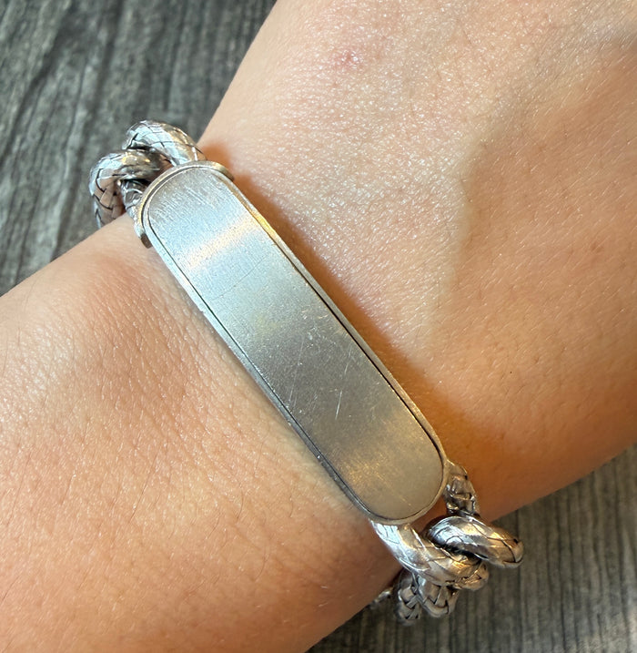 Bottega Veneta 18K White Gold ID Bracelet with Woven Curb Links, 7” Long (I)