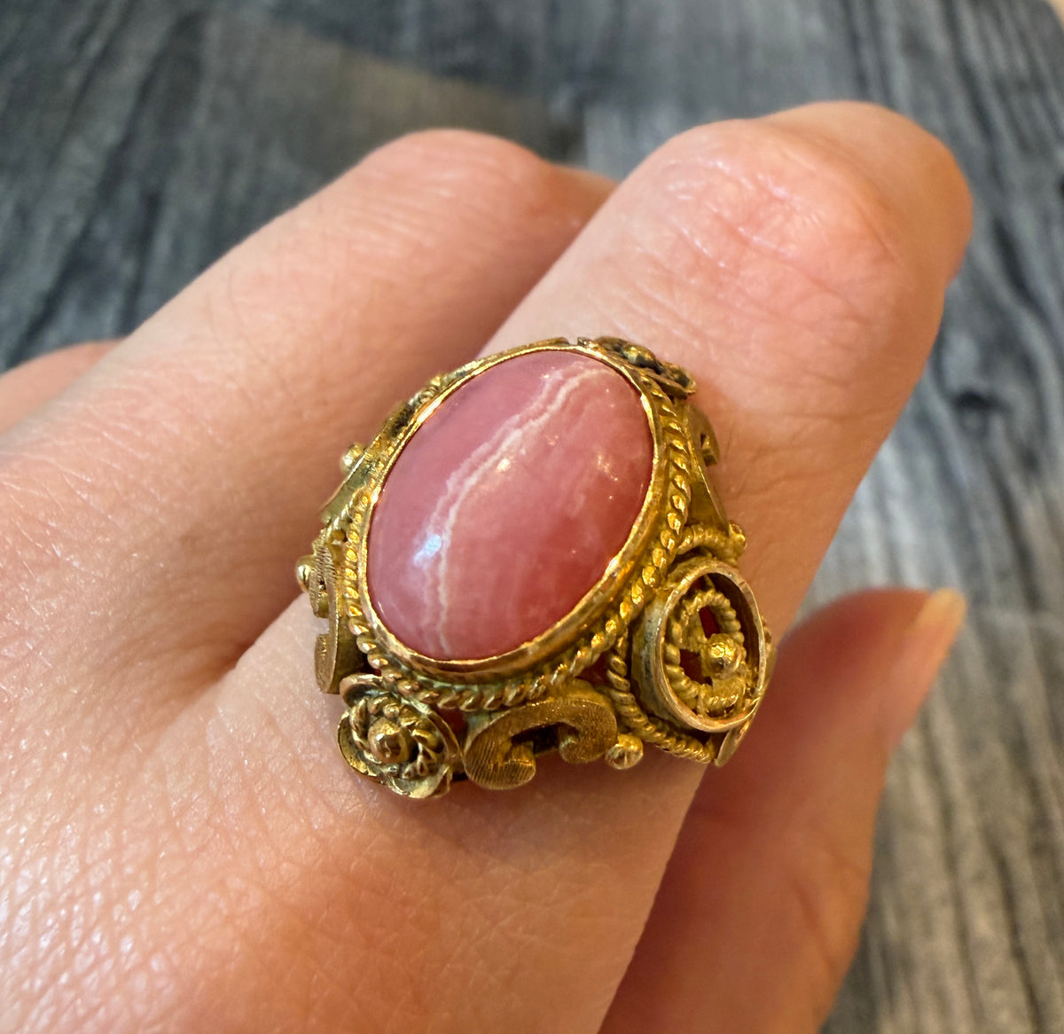 Etruscan Revival Style Rhodochrosite and 14K Gold Ring