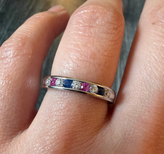 Ruby, Sapphire, and Diamond Band in 14K White Gold