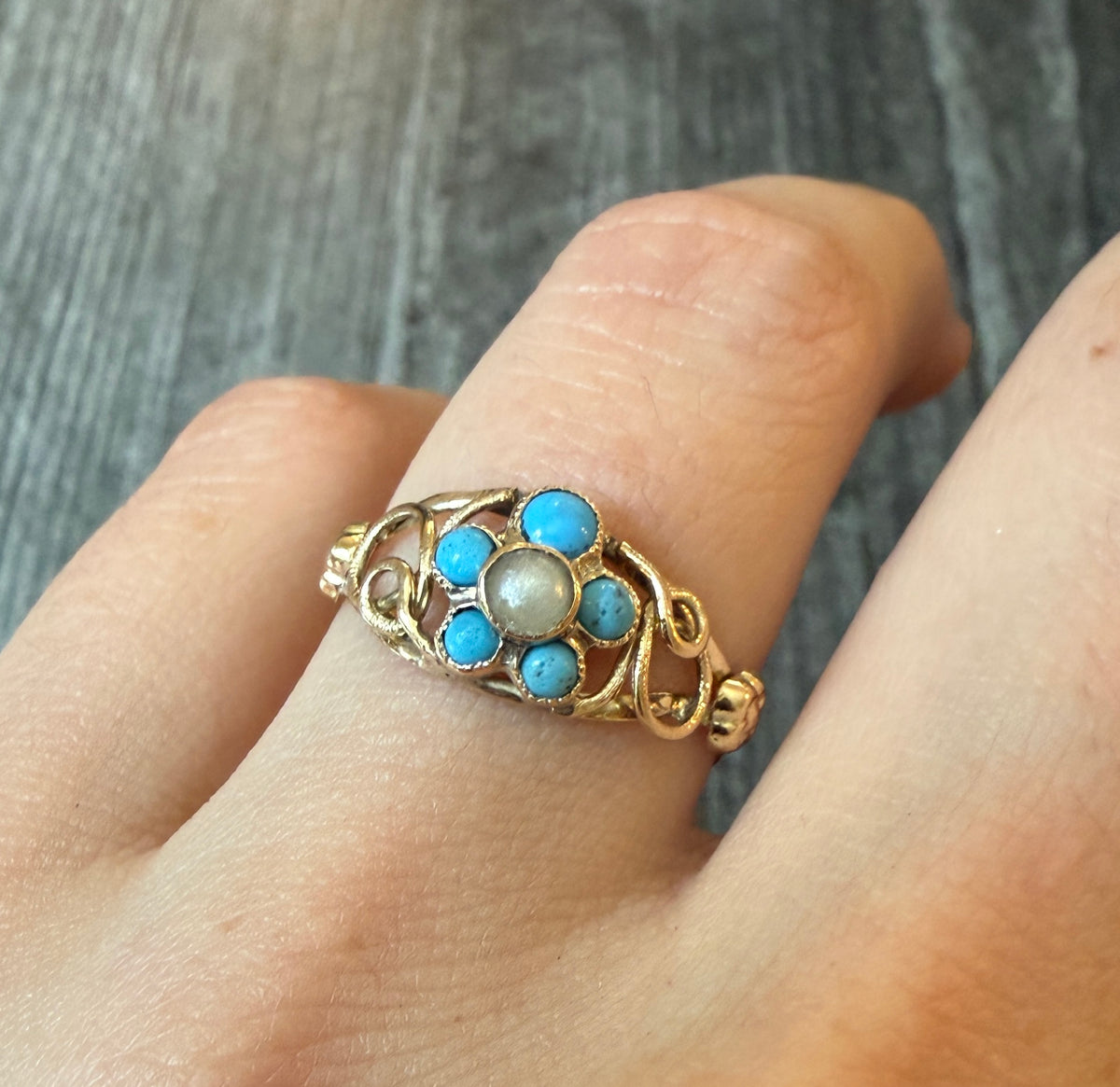 Vintage Turquoise and Pearl Pansy Ring