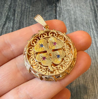 Large Vintage Ruby and Sapphire Clover Charm with Scrolled Border in 14K Gold