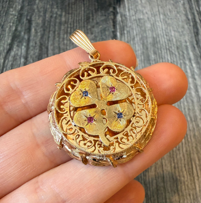 Large Vintage Ruby and Sapphire Clover Charm with Scrolled Border in 14K Gold