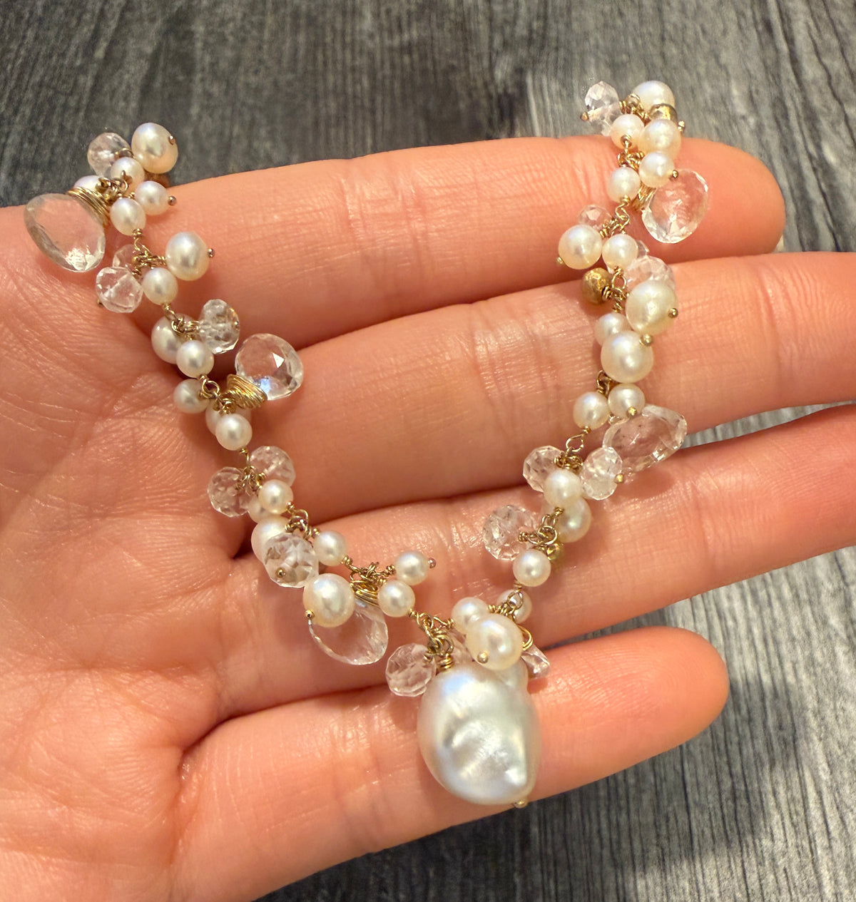 Talisman Cultured Pearl and Quartz Waterfall Necklace in 14K Gold