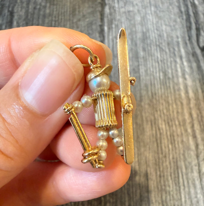 1960s Pearl Skier Charm in 14K Gold