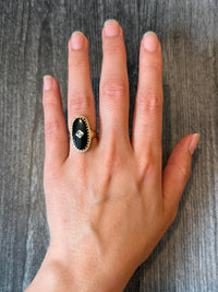 Oval Onyx and Diamond Plaque Ring in 14K Gold