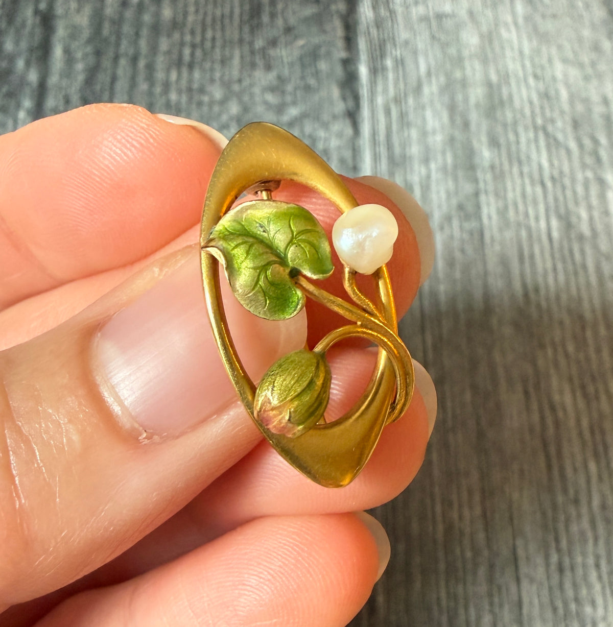 Art Nouveau Enamel and 14K Gold Water Lily Pin