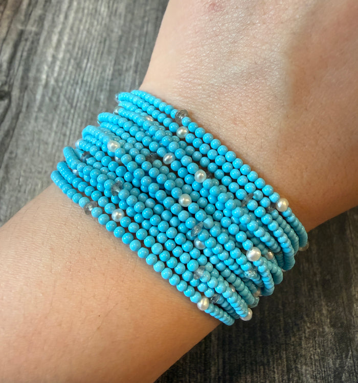 Multistrand Bead Turquoise, Pearl and Labradorite Bracelet with 18K Gold Clasp