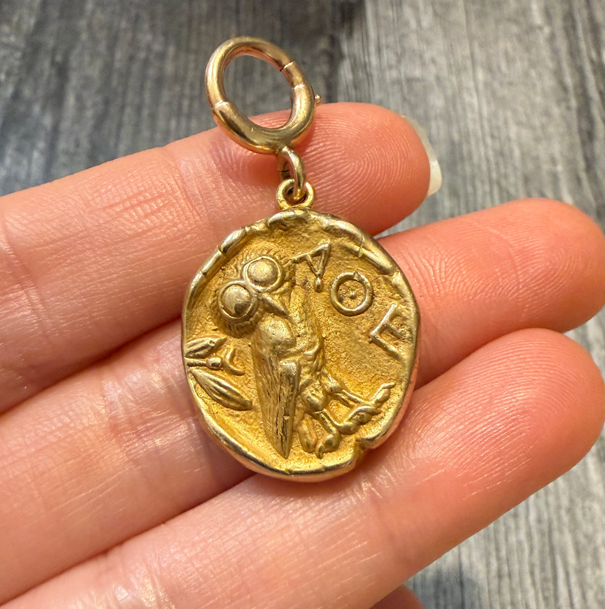 Solid Athena and Owl Ancient Greek Coin Pendant in 14K Gold (M)