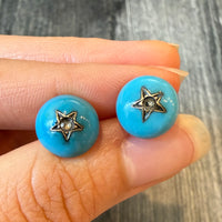 Victorian Carved Turquoise Button Earrings with Diamond Stars (S)