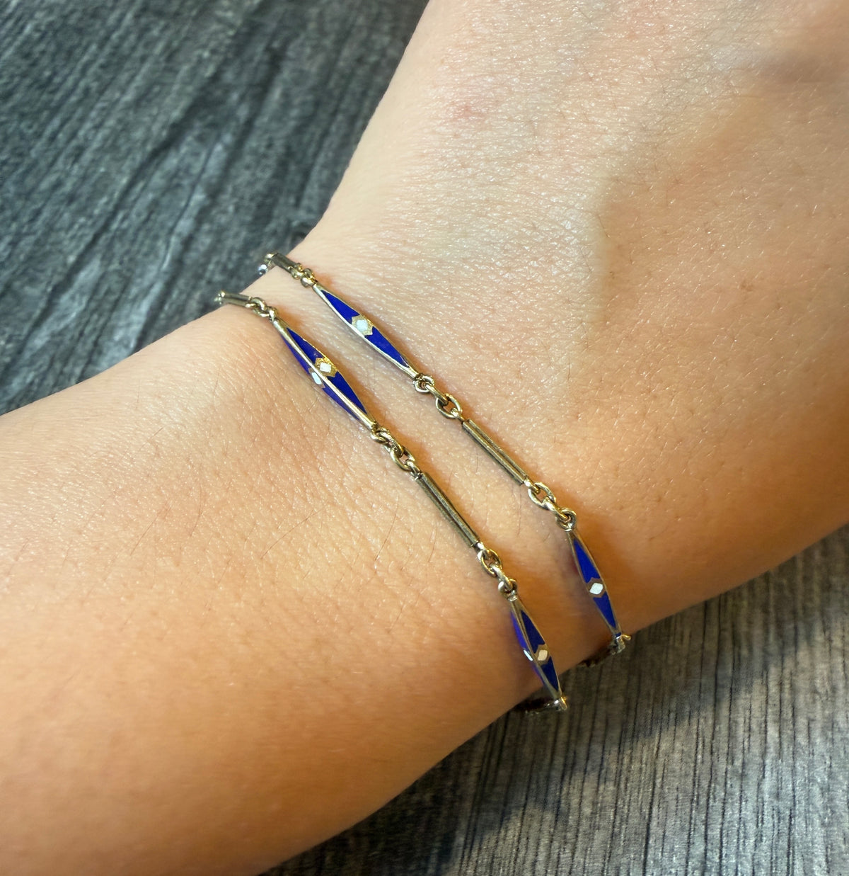 Art Deco Blue Enamel Watch Chain in 14K Gold, 12.5” Long (I)