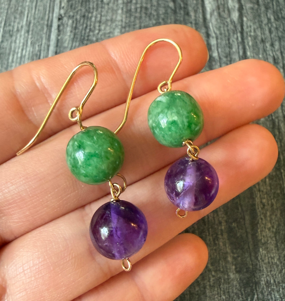 Jade and Amethyst Bead Dangling Earrings in 14K Gold (J)